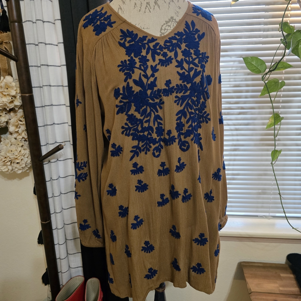Angel Heart Swing Long Sleeve Royal Blue Embroidered Mini Dress Tunic